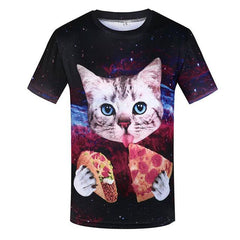 3D Space Cat Eating Pizza & Taco T-Shirt