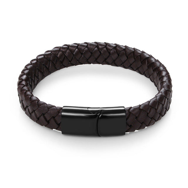 Jiayiqi Punk Men Jewelry Black/Brown Braided Leather Bracelet Stainless Steel Magnetic Clasp Fashion Bangles 18.5/22/20.5cm